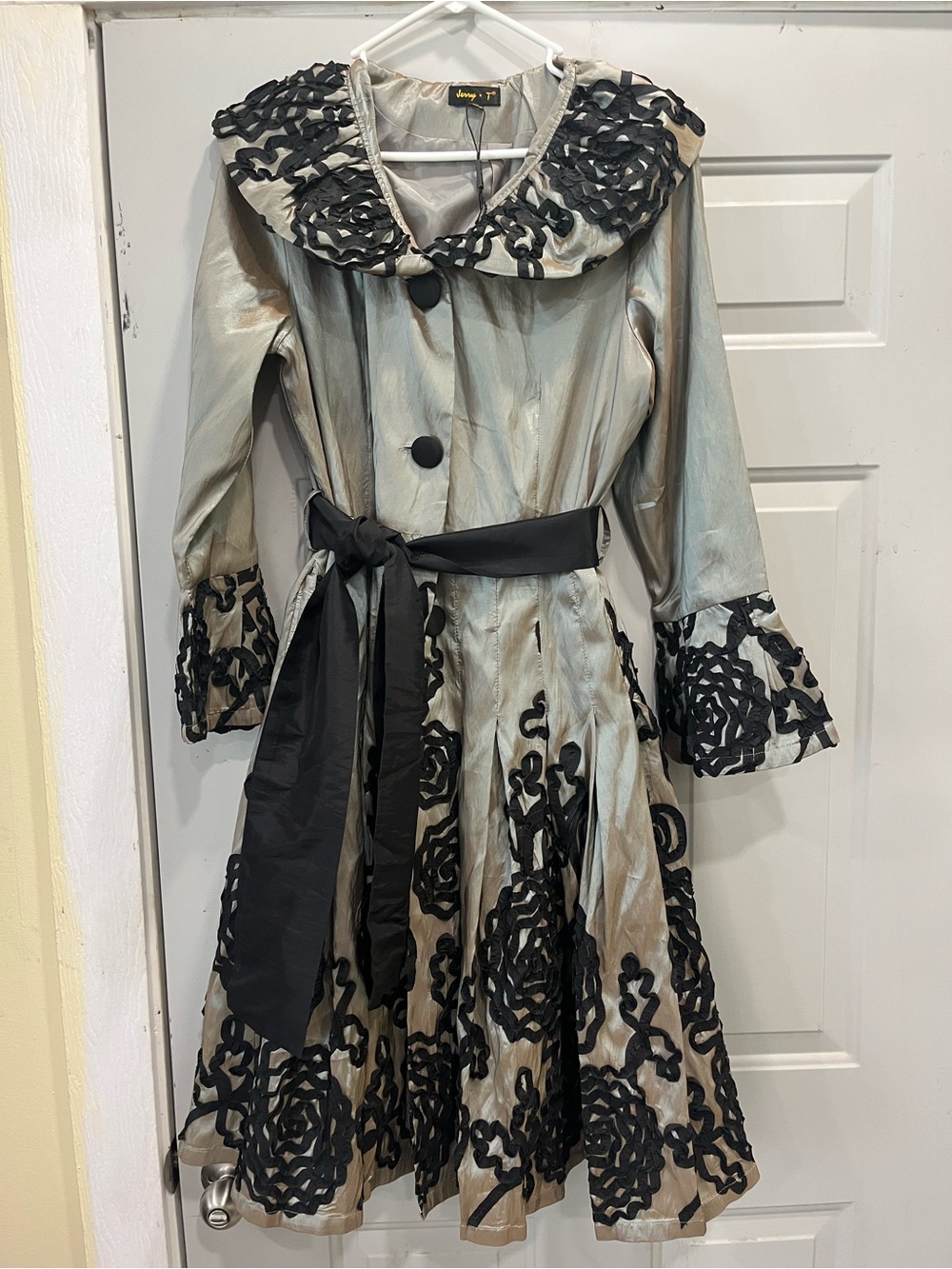 Jerry T silver Metallic Fit-and-Flare Dress with Black Appliqué